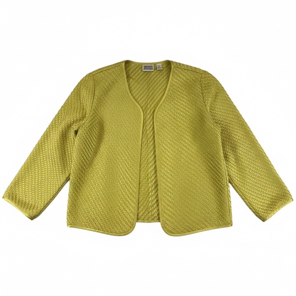 Chicos Design Chartreuse Yellow 100% Silk Basketweave Open Front Jacket Sz 2